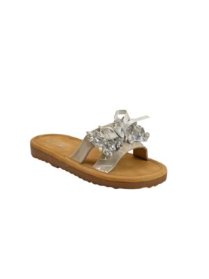 grey embellished flat slide sandals for women