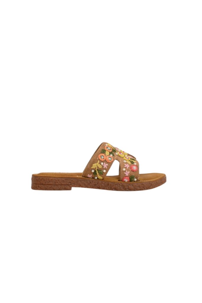 Peach embroidered flat sandals for women