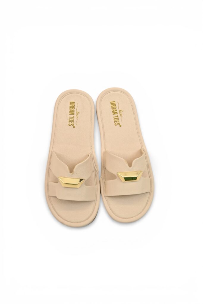 Cream Buckle Flat Slide Sandals Women – Vegan Leather Daily Wear