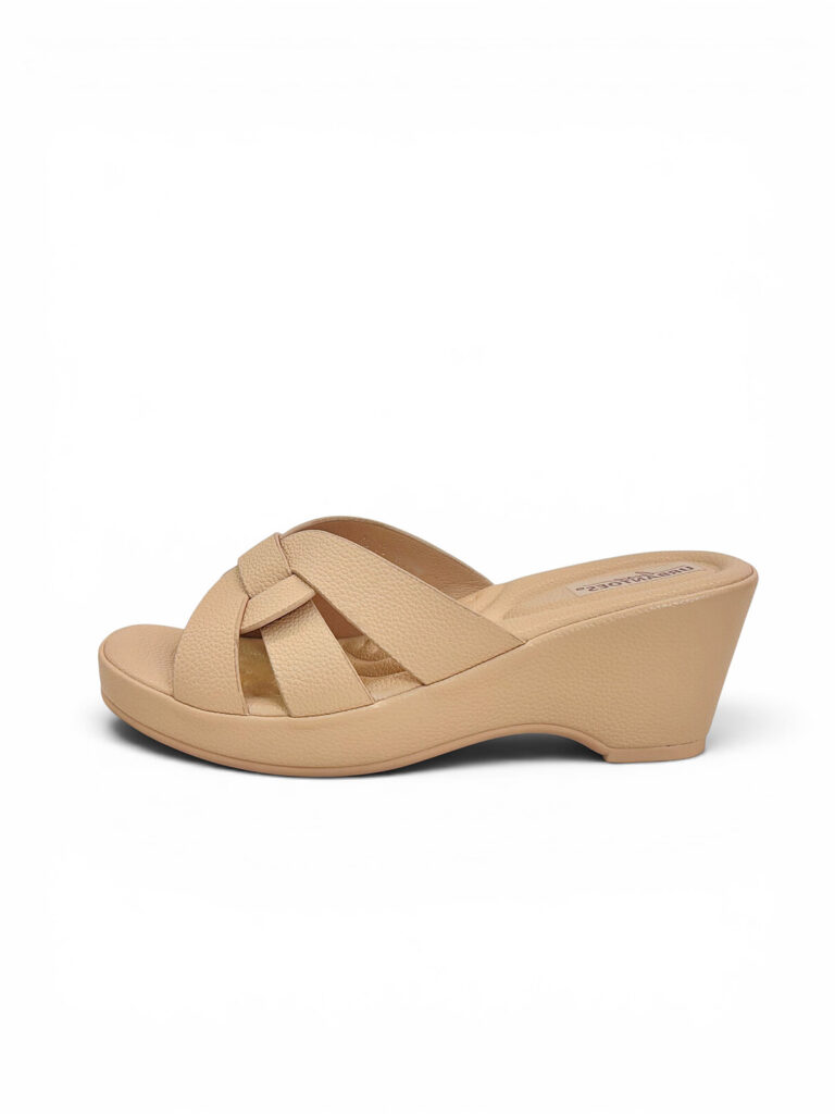 Beige Wedge Slippers for Women with Cross Strap Comfort | UrbanToes