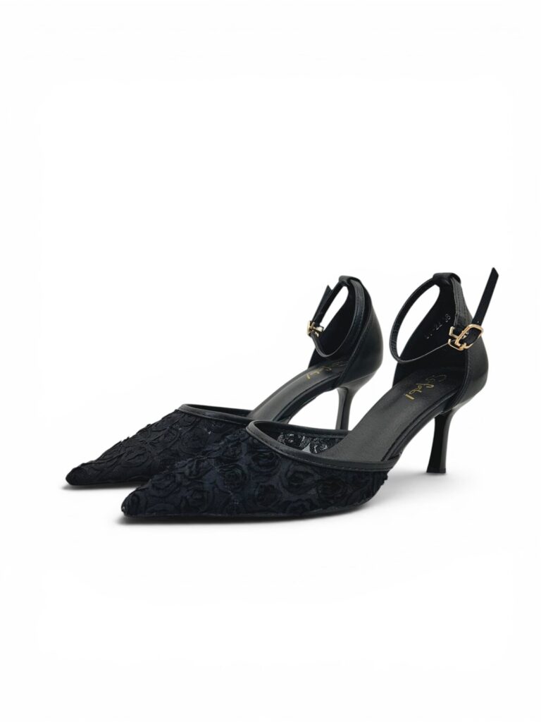 Black Floral Mesh Heels for Women-Urbantoes