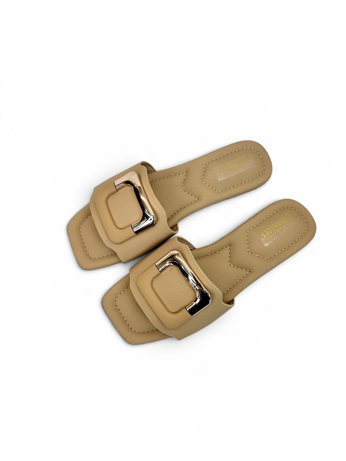 Beige Flat Sandals for Women with Gold Buckle | UrbanToes - Image 4