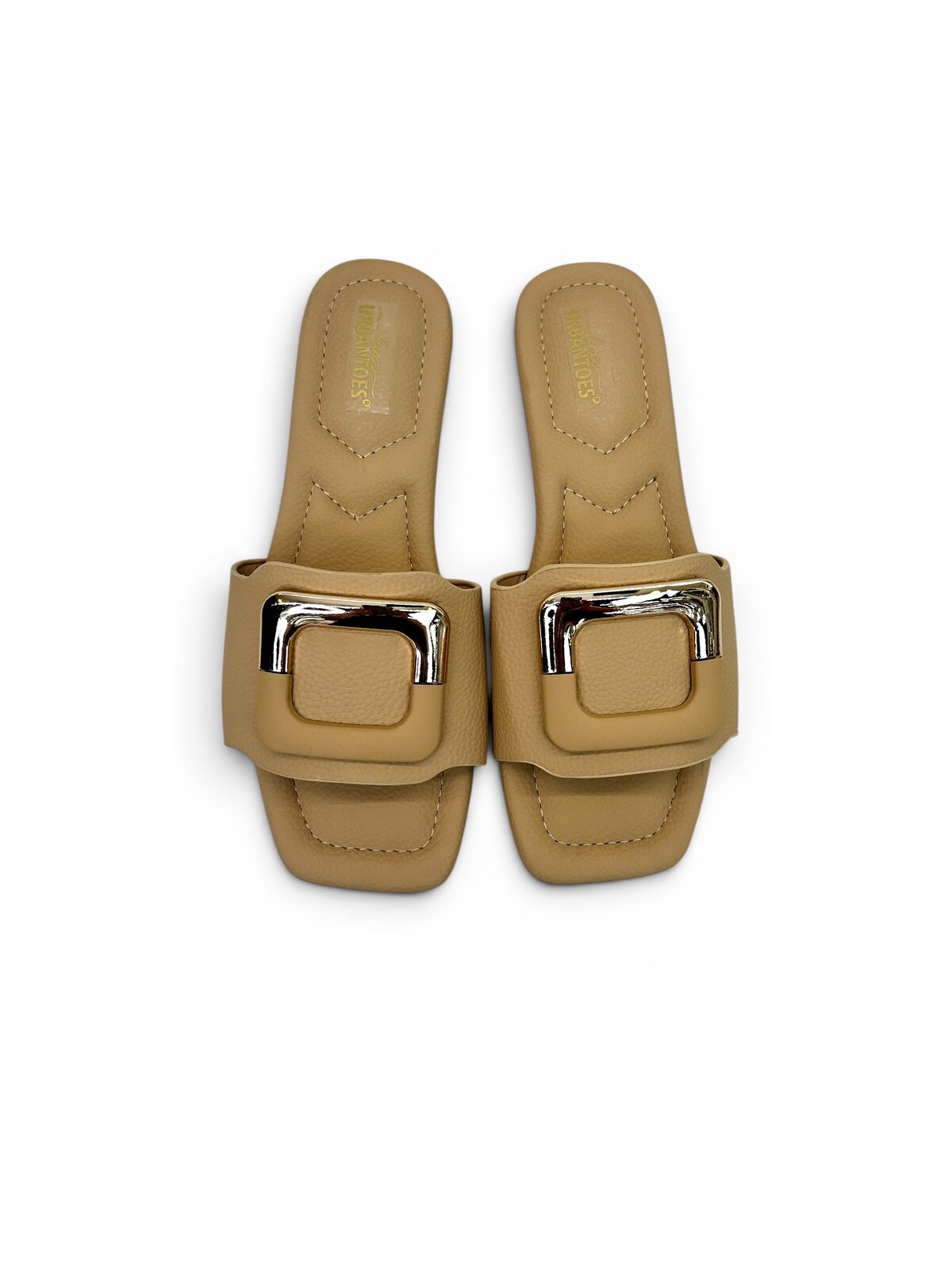 Beige Flat Sandals for Women with Gold Buckle | UrbanToes - Image 3