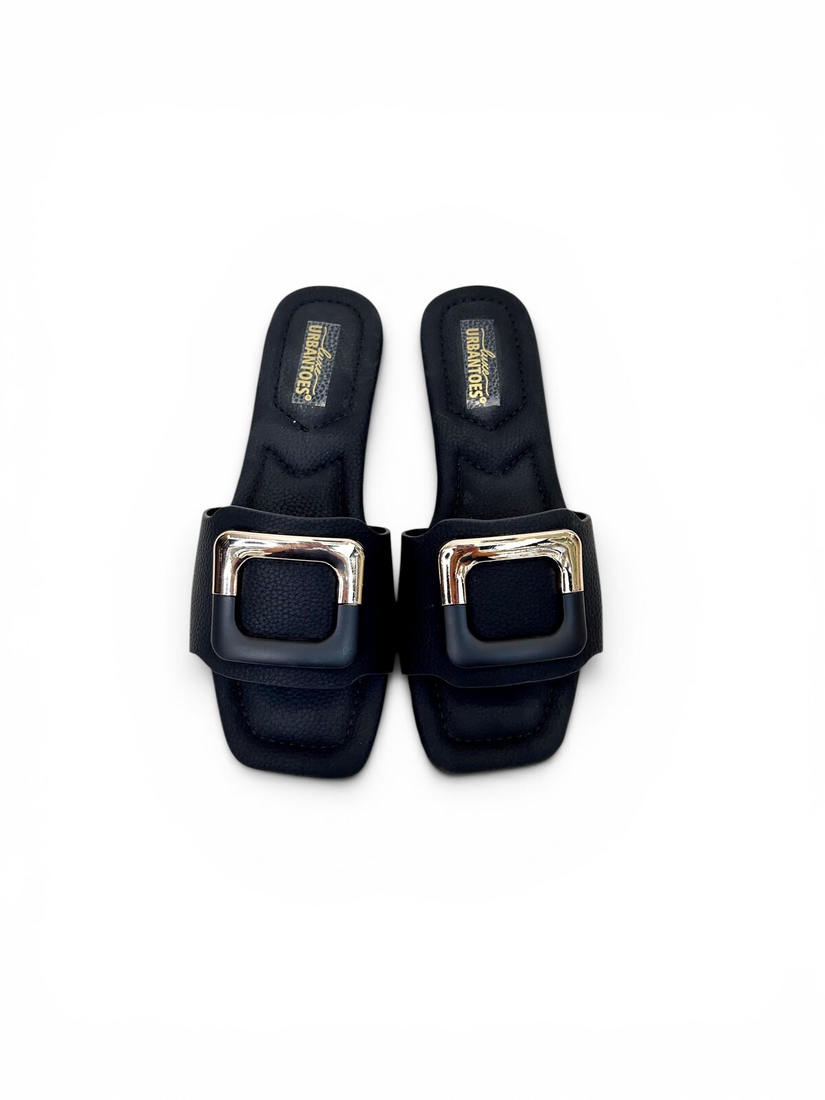 Black Flat Sandals for Women with Gold Buckle | UrbanToes - Image 3