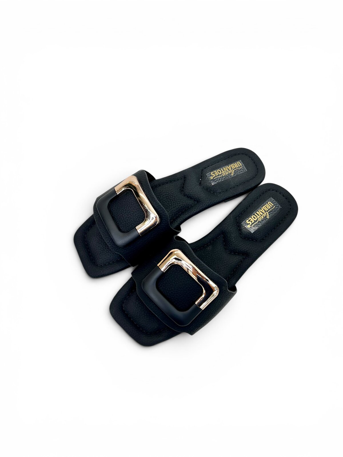 Black Flat Sandals for Women with Gold Buckle | UrbanToes - Image 4