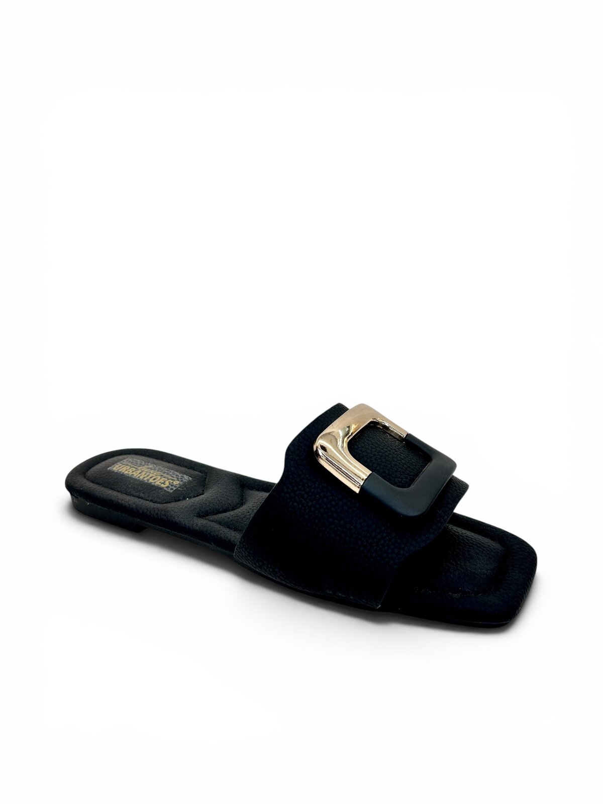 Black Flat Sandals for Women with Gold Buckle | UrbanToes - Image 2