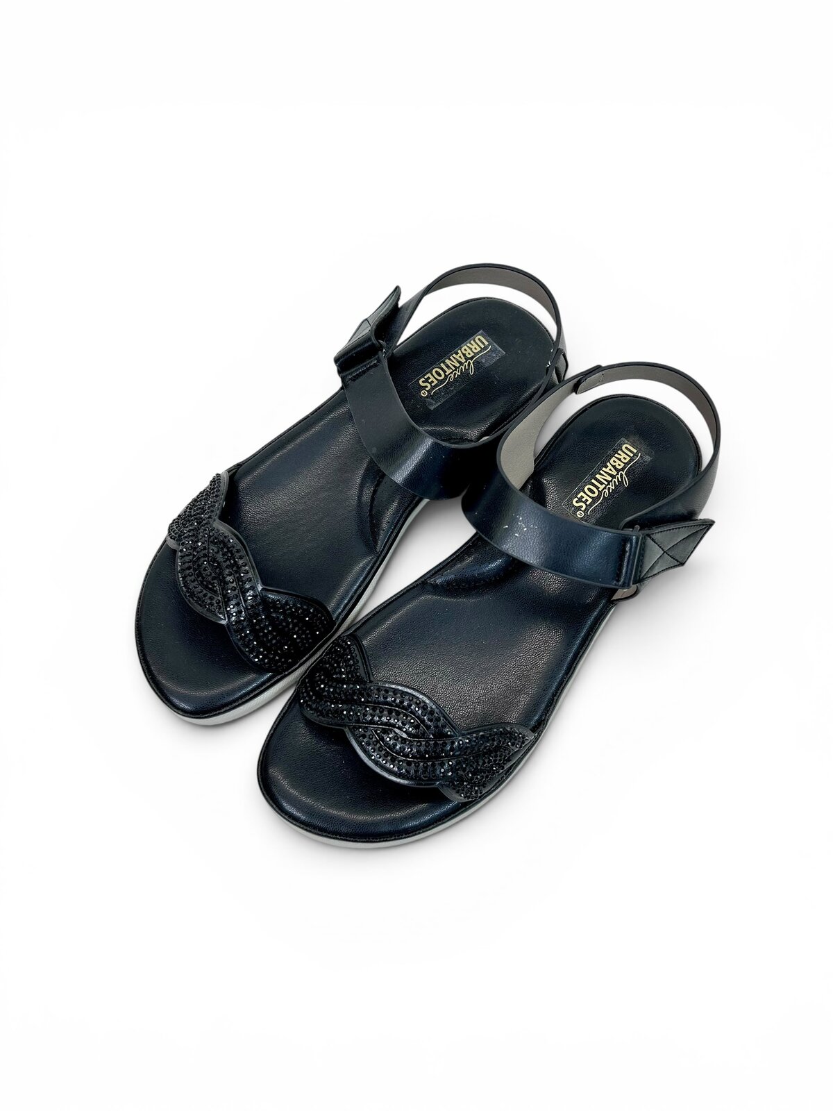 Black Comfort Wedge Sandals for Women with Rhinestone Strap | UrbanToes - Image 2