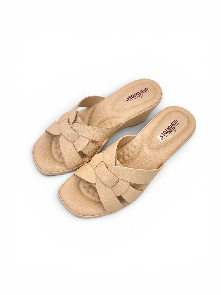 Beige Wedge Slippers for Women with Cross Strap Comfort | UrbanToes