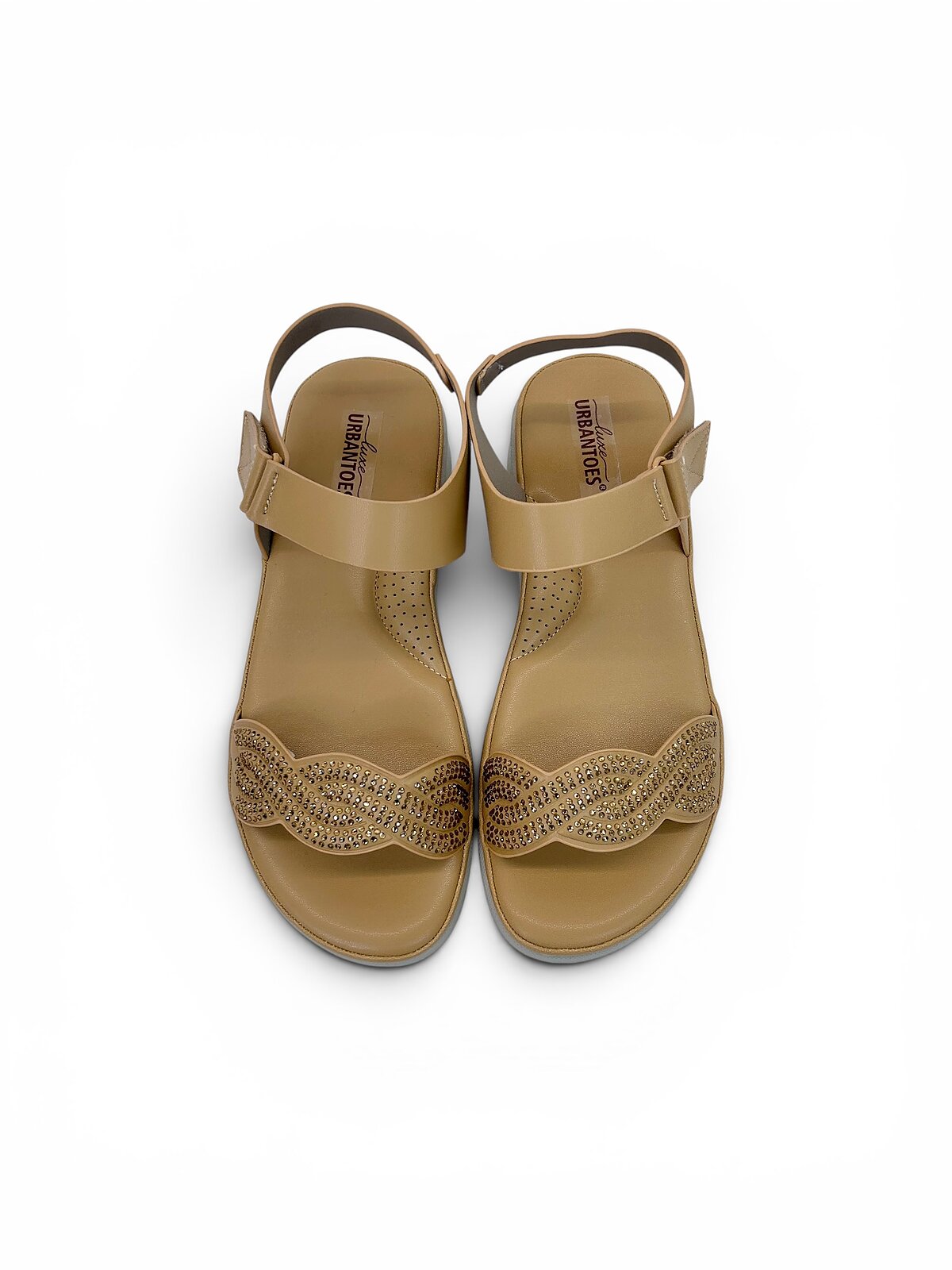 Tan Comfort Wedge Sandals for Women with Rhinestone Strap | UrbanToes - Image 3