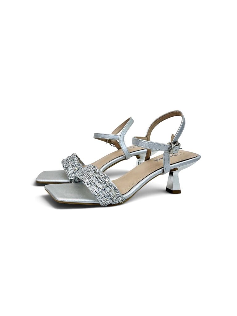 Silver Party Wear Kitten Heels for Women with Rhinestone Strap | UrbanToes