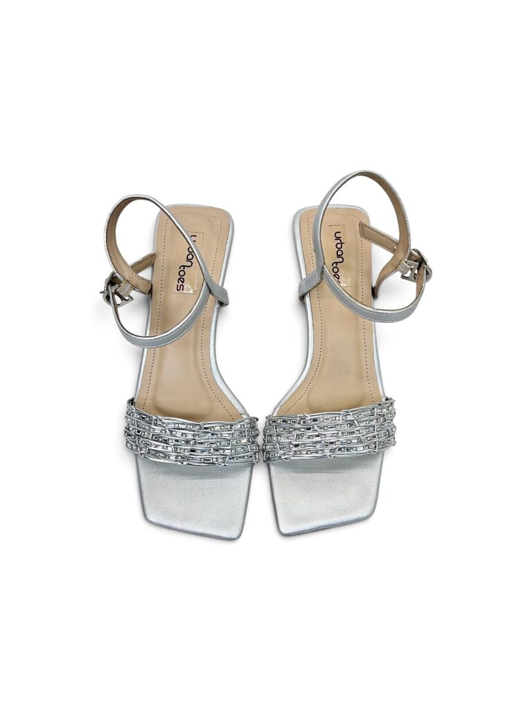 Silver Party Wear Kitten Heels for Women with Rhinestone Strap | UrbanToes
