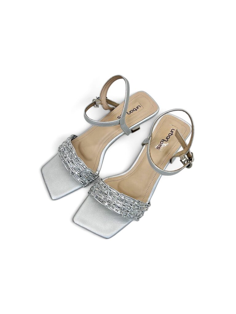 Silver Party Wear Kitten Heels for Women with Rhinestone Strap | UrbanToes
