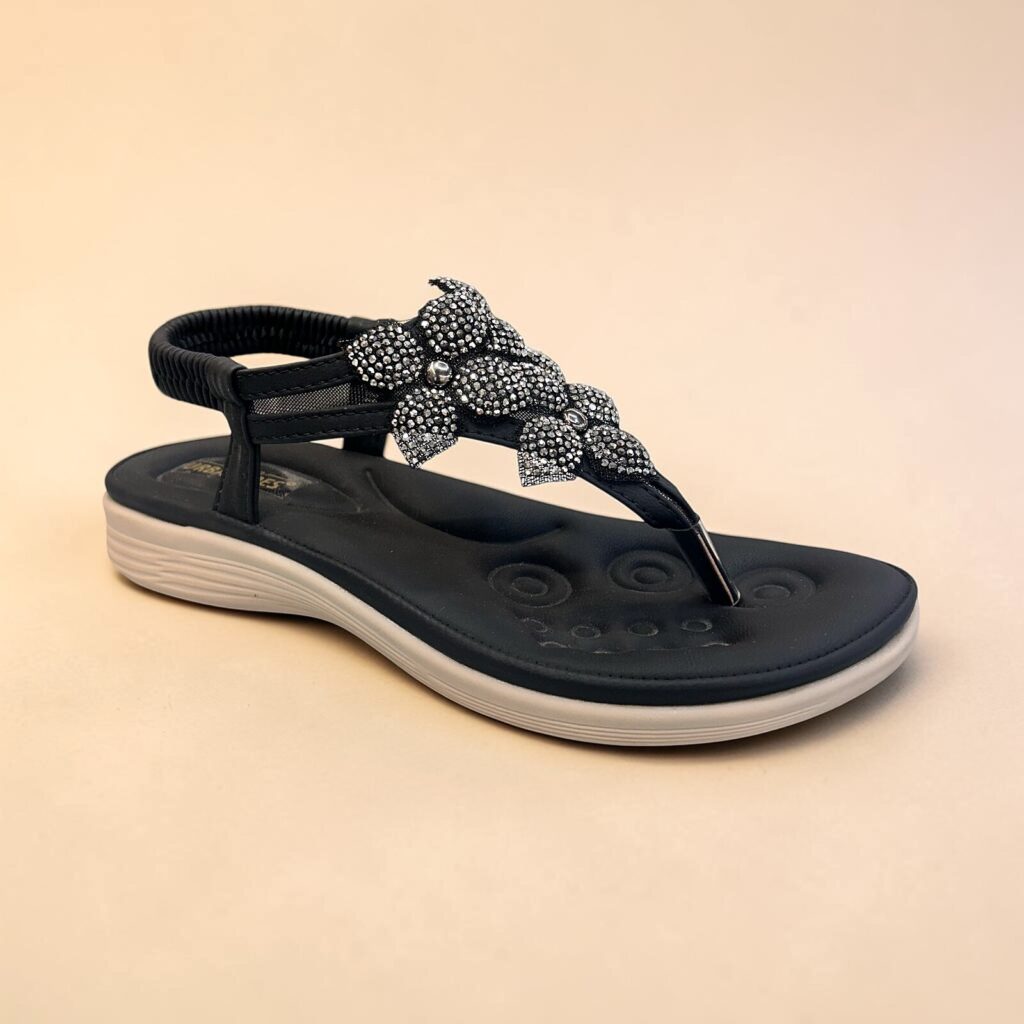 Black Comfort Sandals Women Floral Backstrap-Urbantoes