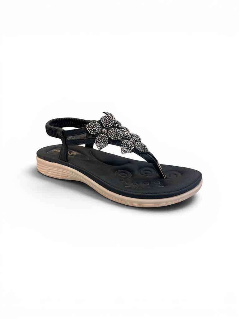 Black Comfort Sandals Women Floral Backstrap-Urbantoes