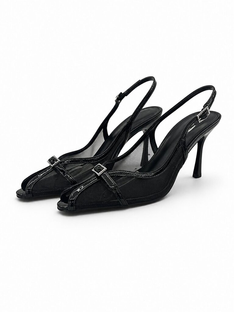 Black Mesh Slingback Heels for Women with Pointed Toe | UrbanToes
