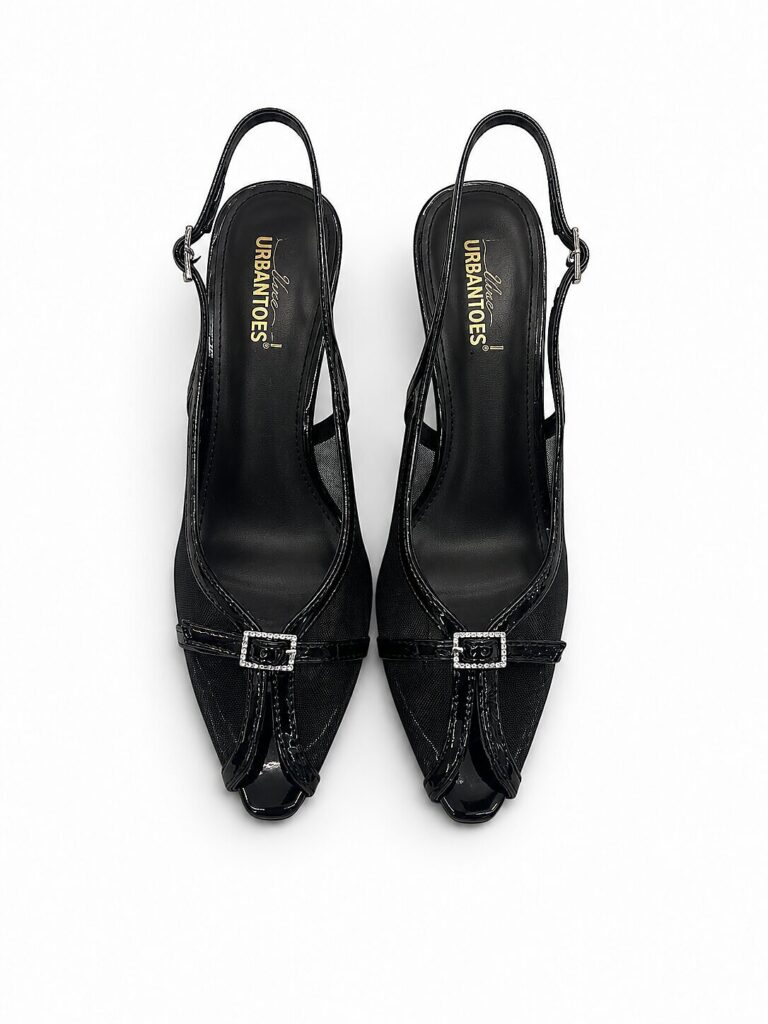 Black Mesh Slingback Heels for Women with Pointed Toe | UrbanToes